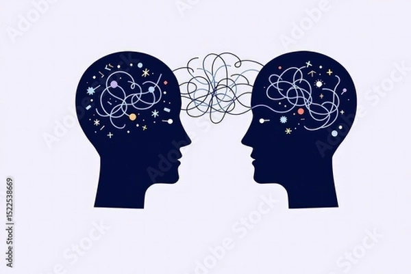 Fototapeta Illustration of two heads exchanging ideas and thoughts through abstract lines and shapes