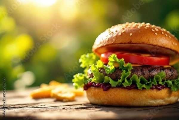 Obraz Juicy burger with lettuce and tomato on a wooden table in natural light