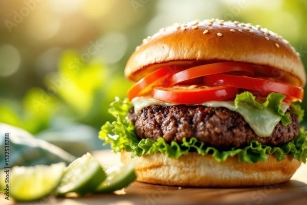 Obraz Juicy hamburger with fresh toppings on a wooden surface