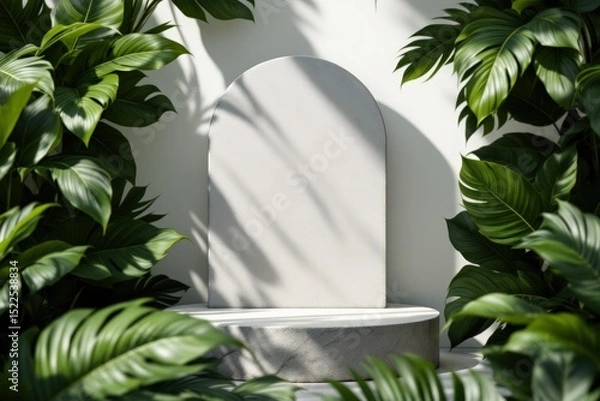 Fototapeta Minimalist display setting with foliage and stone background
