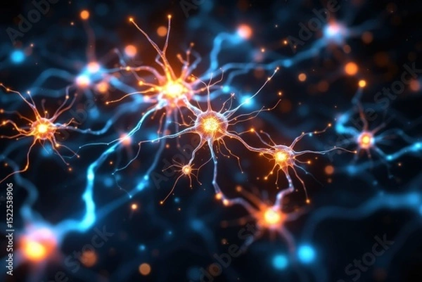 Obraz Network of Neurons with Glowing Synapses in Dark Background