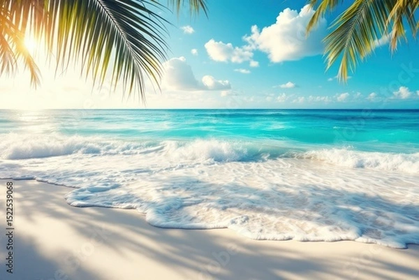 Obraz Pristine beach with clear blue ocean waves and palm trees