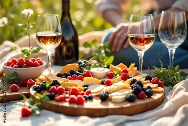Obraz Picnic display of fruits cheese and wine on a sunny outdoor setting