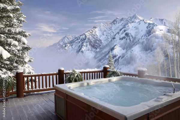 Fototapeta A luxurious mountain cabin terrace features a hot tub overlooking stunning snow-covered peaks and misty valleys, creating a serene and tranquil winter retreat