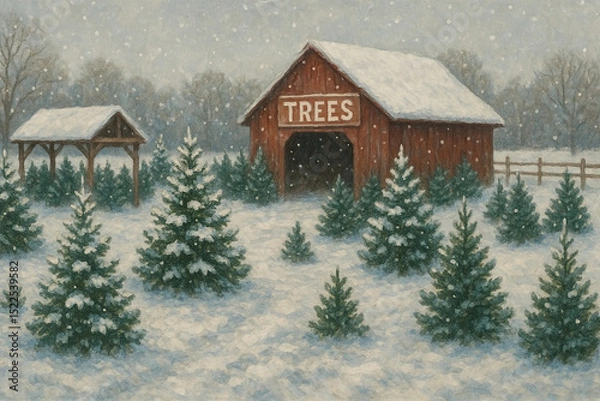 Obraz Snowy christmas tree farm with rustic barn in winter wonderland scene. Preparing for Christmas