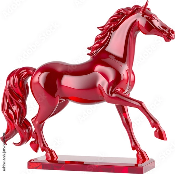 Fototapeta Ruby gemstone horse sculpture in mid-trot, reflecting rich light tones with sharp, smooth contours. 