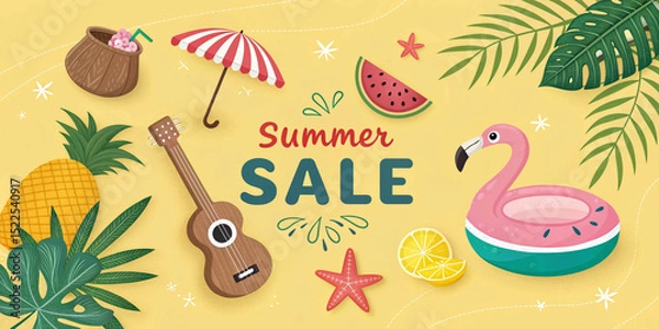 Obraz Summer banner template with flamingo float,ukulele,coconut drink,beach umbrella,watermelon,starfish,palm leaves and Summer sale discount text on yellow background,Promotion template for summer 