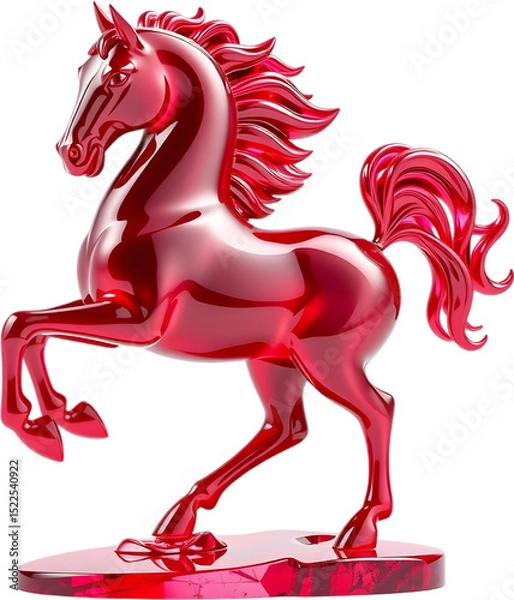 Fototapeta Ruby gemstone horse sculpture in mid-trot, reflecting rich light tones with sharp, smooth contours. 