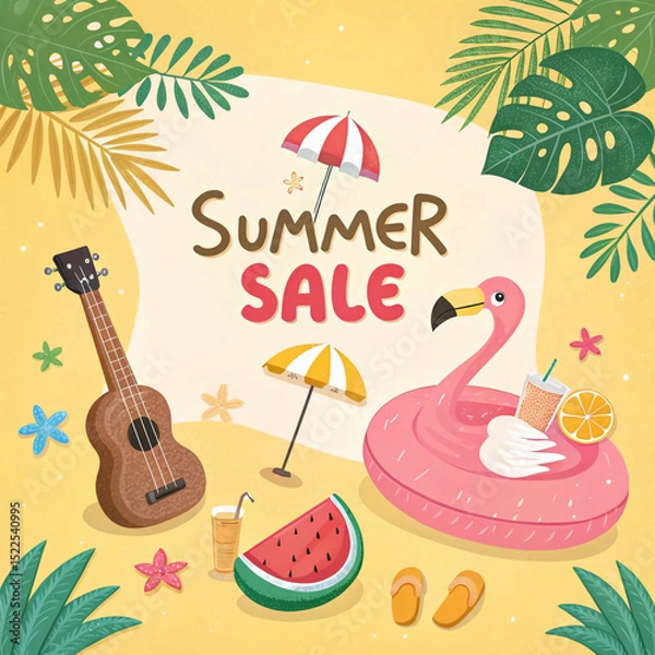 Obraz Summer banner template with flamingo float,ukulele,coconut drink,beach umbrella,watermelon,starfish,palm leaves and Summer sale discount text on yellow background,Promotion template for summer 
