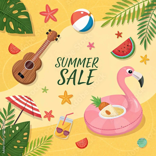 Obraz Summer banner template with flamingo float,ukulele,coconut drink,beach umbrella,watermelon,starfish,palm leaves and Summer sale discount text on yellow background,Promotion template for summer 