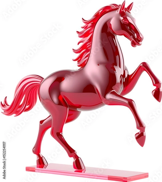 Fototapeta Ruby gemstone horse sculpture in mid-trot, reflecting rich light tones with sharp, smooth contours. 