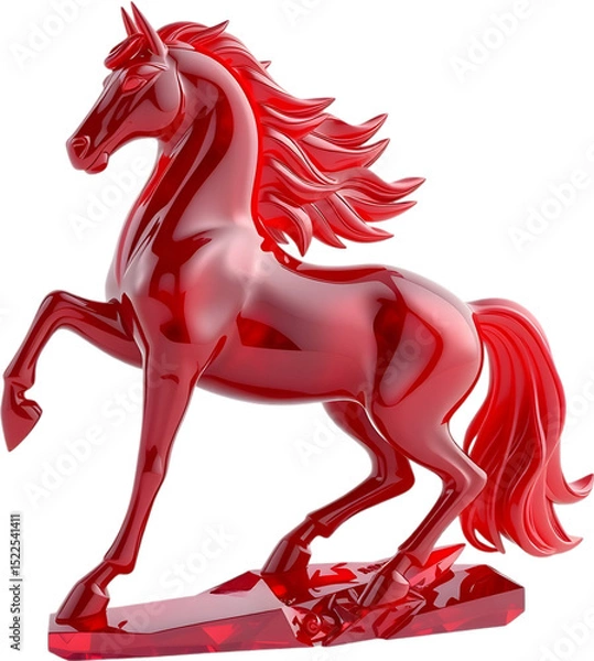 Fototapeta Ruby gemstone horse sculpture in mid-trot, reflecting rich light tones with sharp, smooth contours. 