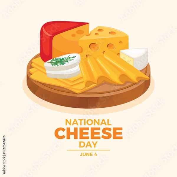 Fototapeta National Cheese Day poster vector illustration. Various types of cheese on a wooden board vector. Cheese platter with sliced cheese drawing. Template for background, banner, card. 4 June