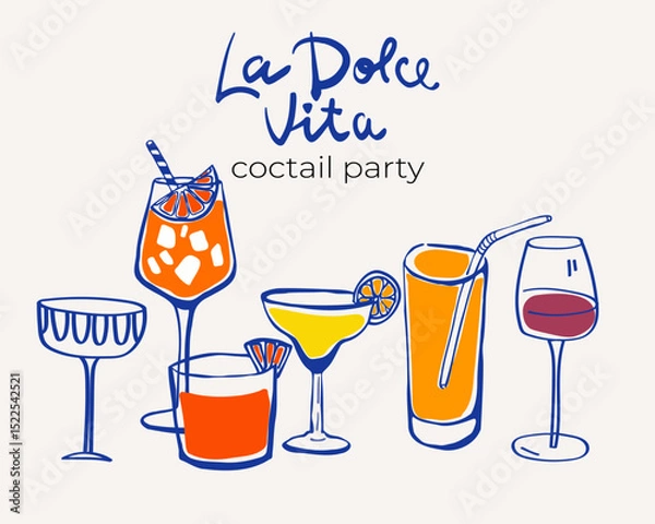 Fototapeta Set of hand-drawn whimsical illustrations of cocktails, alcoholic martini, aperol spritz in ink doodle style. Hand-drawn collection of drinks. Italian Aperitif Drink Collection. Doodle Style