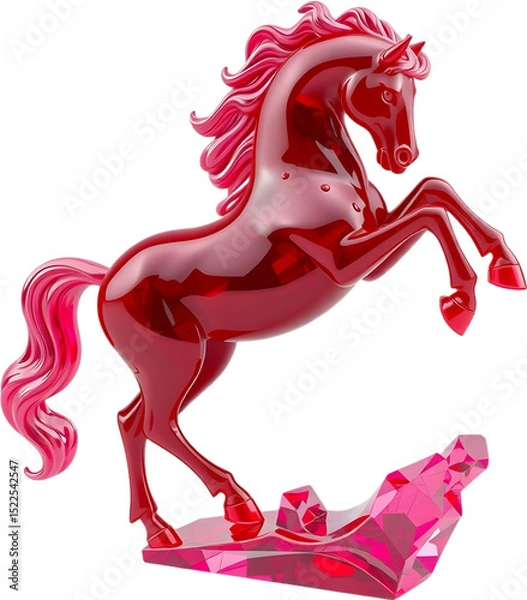 Fototapeta Ruby gemstone horse sculpture in mid-trot, reflecting rich light tones with sharp, smooth contours. 
