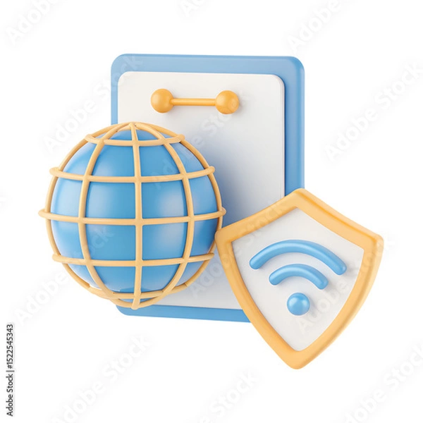 Fototapeta VPN shield with globe icon, a shield wrapped around a globe with network lines