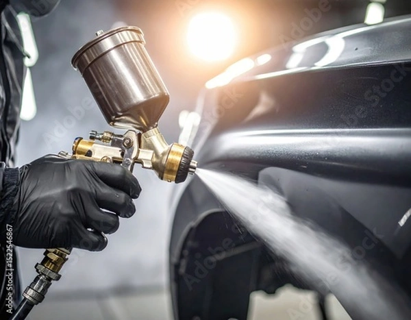 Obraz Car painting process with spray gun technique on black vehicle surface