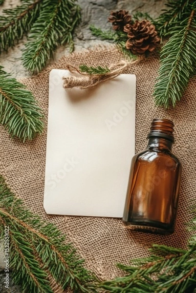 Fototapeta Pine essential oil in a glass bottle Branches of coniferous trees, Generative AI,