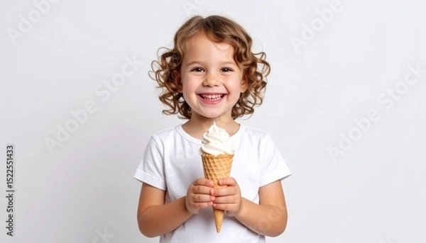 Obraz Smiling young girl holding vanilla ice cream cone against white background