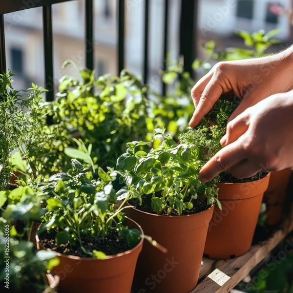 Obraz Hands tending herbs on balcony