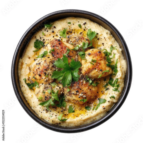 Obraz Creamy hummus topped with browned chicken pieces, garnished with fresh parsley, in a dark bowl