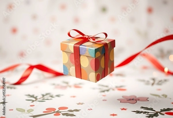 Obraz Festive Gift Box with Red Ribbon and Colorful Wrapping