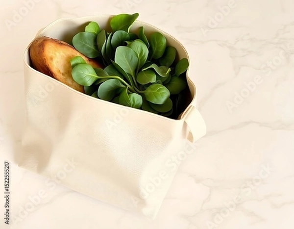 Obraz Salad and bread in a canvas bag on a marble surface