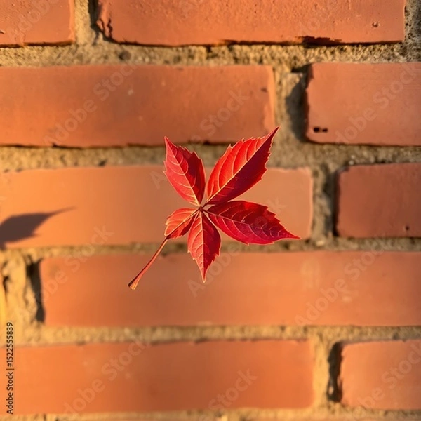 Obraz Vibrant Red Autumn Leaf Against a Brick Wall