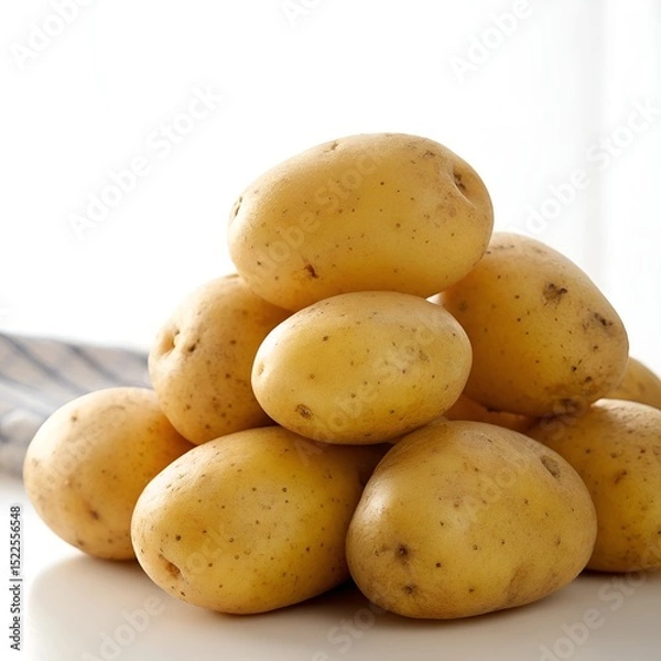 Fototapeta Pile of freshly harvested yellow potatoes on a white surface for culinary uses
