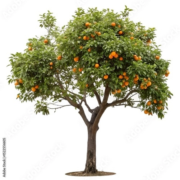 Fototapeta Lush orange tree bearing ripe fruit isolated against a clean white background
