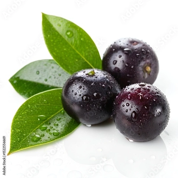 Fototapeta Freshly picked acai berries with vibrant green leaves and water droplets on a white background.