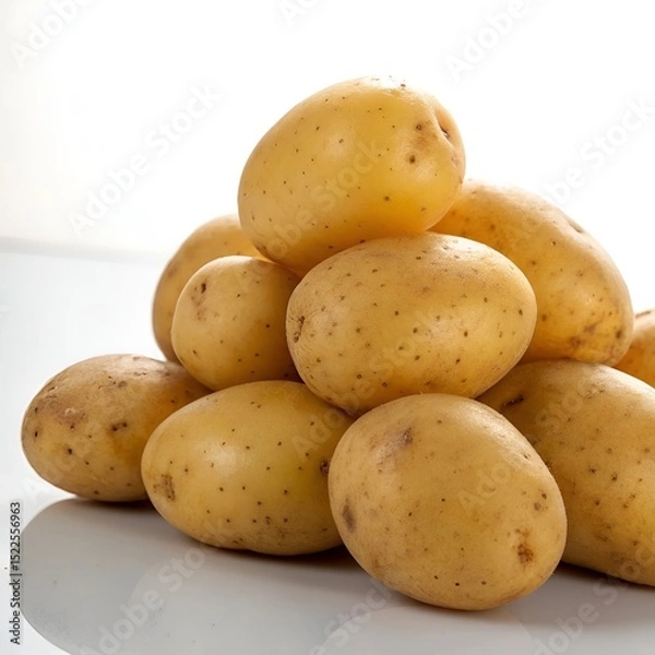 Fototapeta Freshly harvested pile of golden potatoes on a reflective white surface ready for cooking