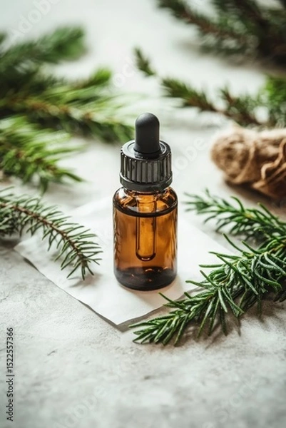 Fototapeta Pine essential oil in a glass bottle Branches of coniferous trees, Generative AI,
