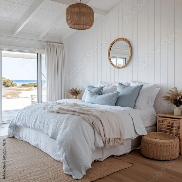 Obraz A coastal-style bedroom with a wide timber headboard