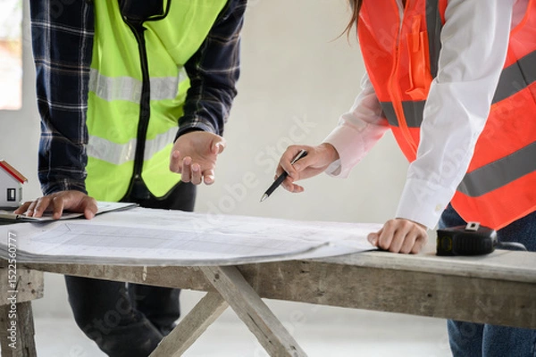 Fototapeta Female civil engineer with personal safety equipment check and consult with construction site foreman technician for inspect building construct process during follow up process. Engineering concept.