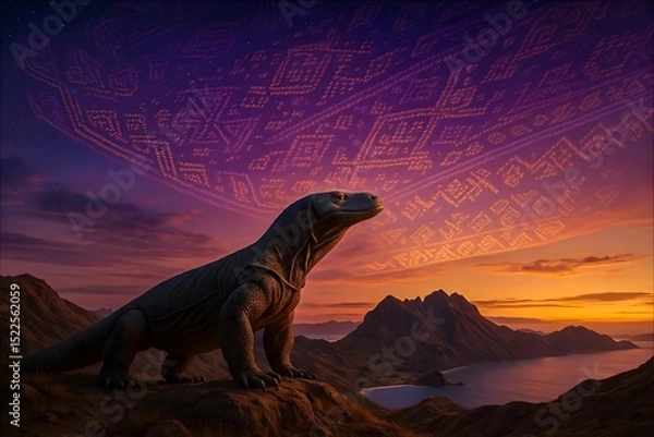 Obraz Komodo Dragon at Padar Hill with Tenun NTT Aurora at Sunset – Ethnic Cinematic 3D Art