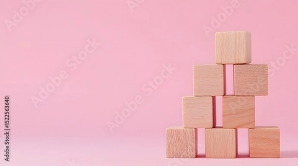 Fototapeta Intricate Arrangement of Stacked Wooden Blocks on a Pink Backdrop Highlighting Balance, Strategy and Creative Educational Ideas with Ample Copy Space