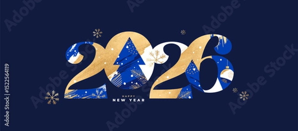 Obraz New Year's Eve 2026 card, poster, web banner or header, holiday cover. Xmas New Year template in trendy art style with gorgeous number 2026 design in gold and blue colors for ads and season greetings