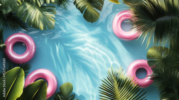 Fototapeta Top-down 3D view of a pool with pink float rings on the water, creating a tropical summer vibe.
