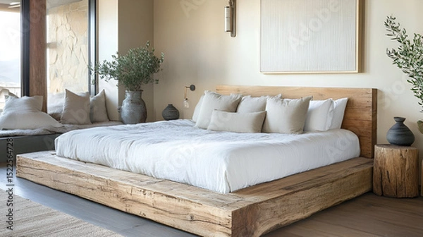 Fototapeta A modern bedroom with a bedframe made of reclaimed wood, soft light tones, and subtle dcor pieces