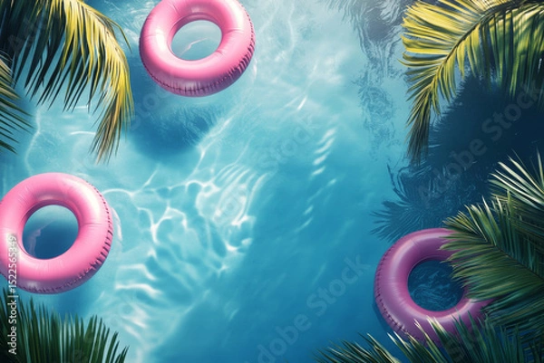 Fototapeta Top-down 3D view of a pool with pink float rings on the water, creating a tropical summer vibe.

