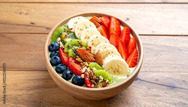 Fototapeta Colorful Smoothie Bowl with Fresh Fruits and Nuts on Rustic Wooden Table