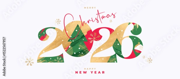 Obraz Merry Christmas and Happy New Year 2026 greeting card, poster, web banner, holiday cover. Xmas template in art style with gorgeous number 2026 design in gold, red and green colors for ads and promo