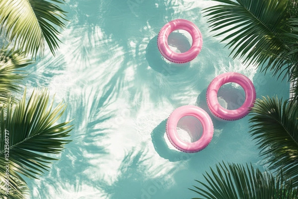 Fototapeta Top-down 3D view of a pool with pink float rings on the water, creating a tropical summer vibe.
