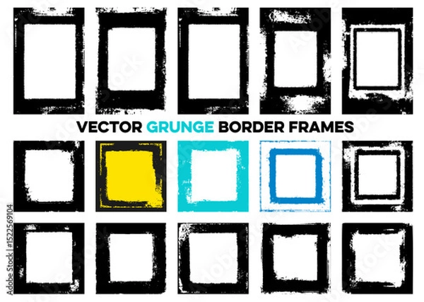 Fototapeta Vector set of grunge border frames. Includes various distressed square and rectangular shapes in black, white, yellow, and blue. Perfect for adding a rough, edgy, and urban feel to photos and designs.