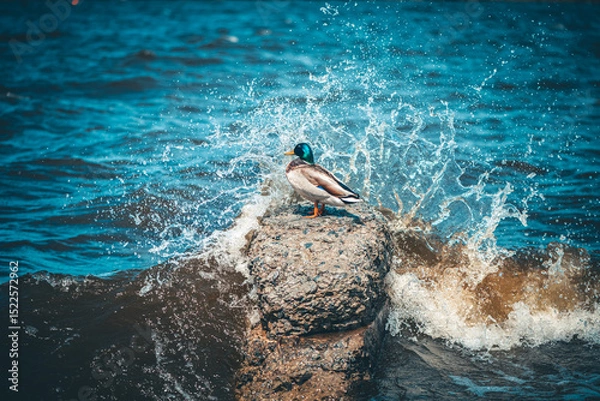 Fototapeta Waves splashing against a rock while a mallard stands gracefully, enjoying a sunny day with vibrant blue water, creating a serene and peaceful atmosphere in nature