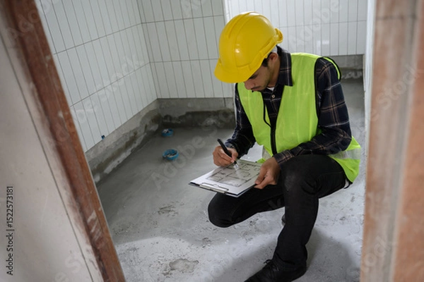Fototapeta Engineer or inspector using blueprint check sheet examining cracked concrete floor during house construction. Quality control, building inspection, structural defect, real estate maintenance concept.
