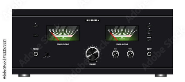 Fototapeta Vector dark vintage integrated hybrid amplifier. Musical high technological equipment. High tech gadget. Buttons, knobs, sound screens, devices with arrows. Isolated background.