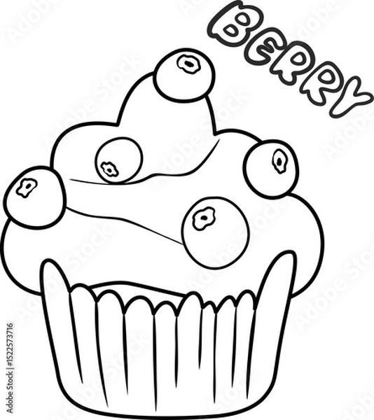 Fototapeta Vector outline muffin. Hand drawn illustration.Sweet cupcake with cream and blueberry and lettering "Berry". Illustration in doodle style. Isolated on white background.