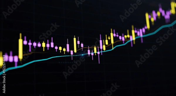 Fototapeta A financial chart with candlesticks and moving averages on a dark background showing market trends